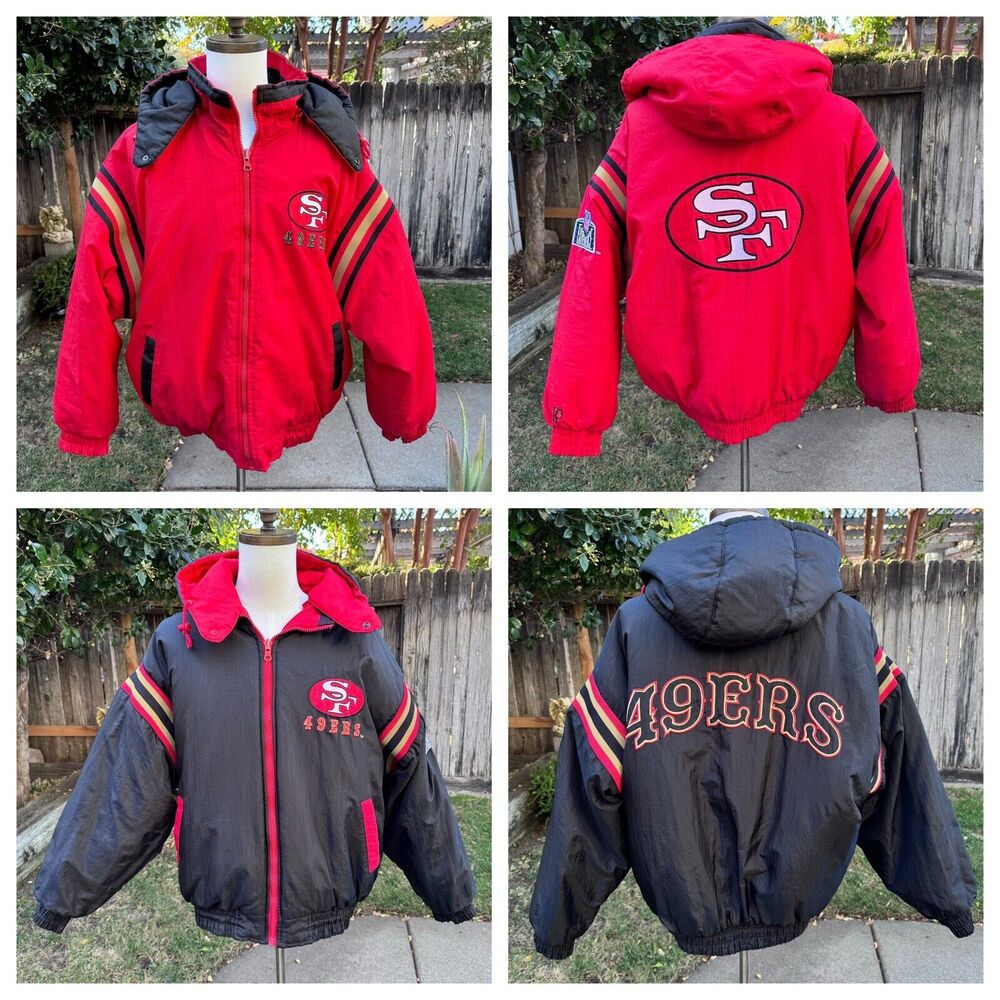Red and Black Puffer Jacket with SF 49ers Logo
